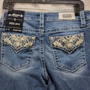 Fleur by Miss Me‎ Womens Jeans Sz 29/8 32L Boot Cut Embellished Pocket Slim Wide